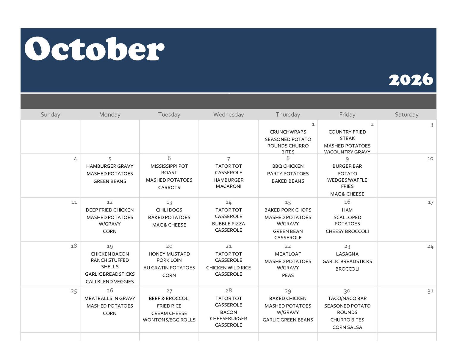 October 2026 lunch menu calendar with daily hot meals Monday through Friday